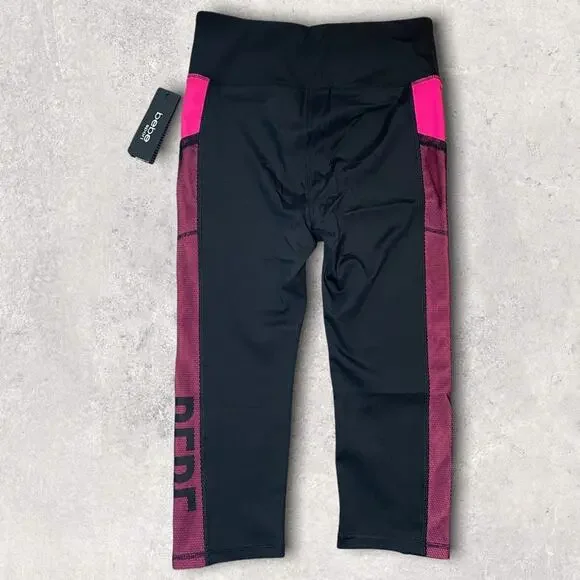 BEBE SPORT HIGH RISE CROP CAPRI ATHLETIC GYM LEGGINGS  PINK BLACK PANTS - L - Picture 2 of 7
